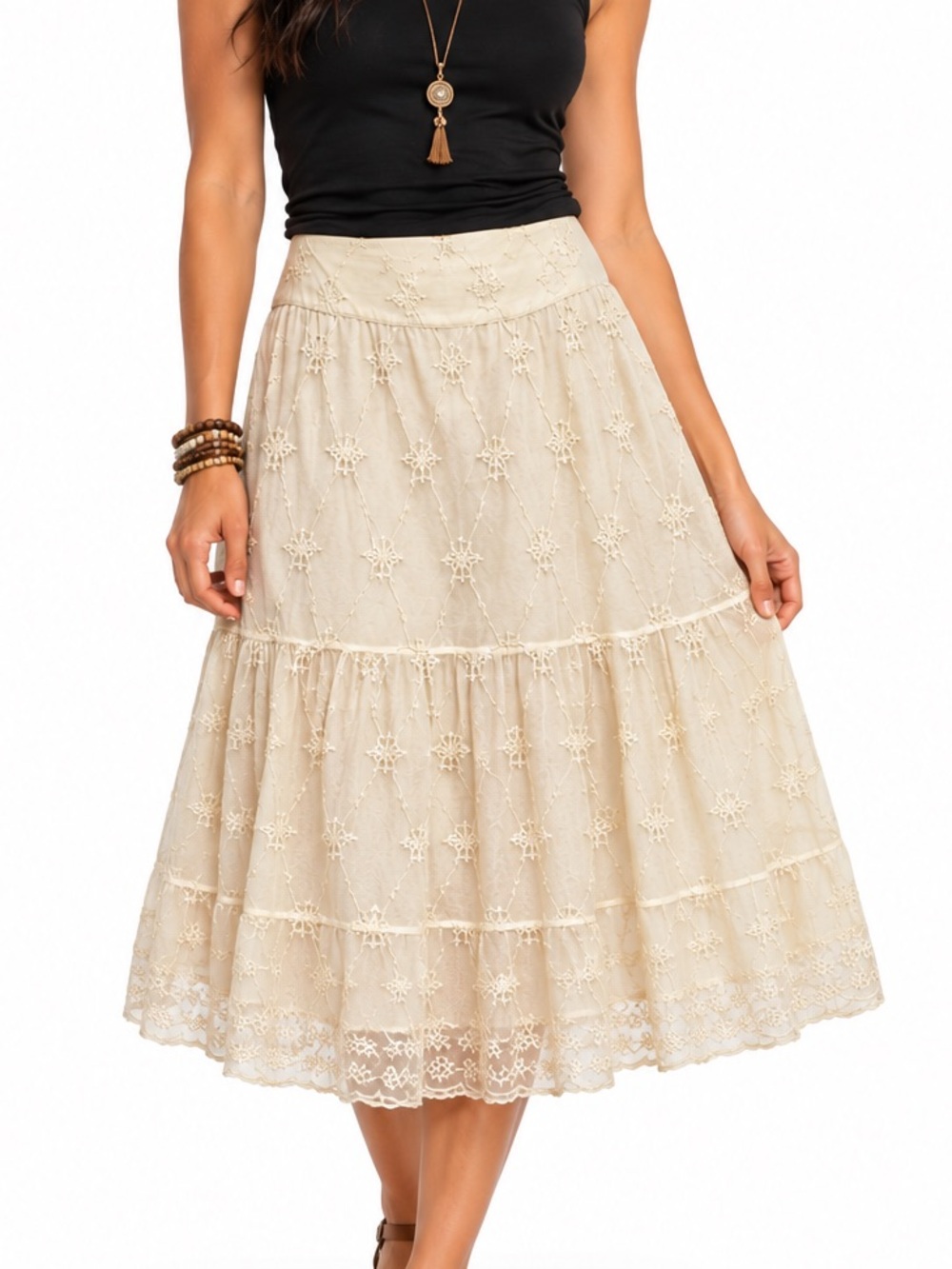 Chico's Cream Embroidered Tiered Maxi Skirt size 3